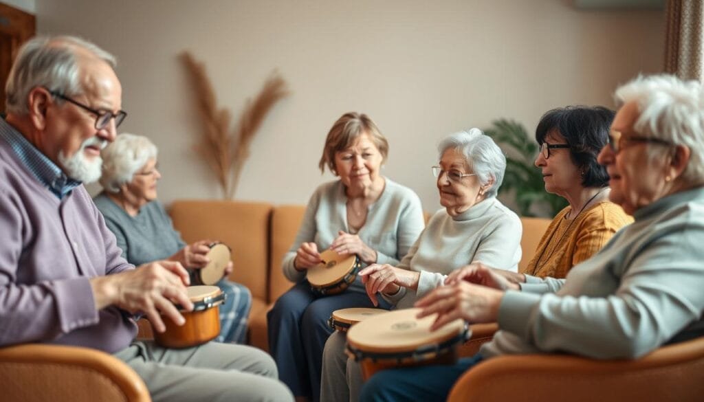 A serene and tranquil scene of elderly individuals engaged in a music therapy session. The foreground features a group of senior adults seated comfortably, some playing simple percussion instruments, others listening intently with peaceful expressions. The middle ground showcases a music therapist gently guiding the session, their body language conveying empathy and care. The background depicts a warm, softly lit room with natural textures and muted colors, creating a calming, nurturing atmosphere. Soft, diffused lighting illuminates the scene, highlighting the connections and interactions between the participants. The overall mood evokes a sense of well-being, memory recall, and the therapeutic power of music for the elderly.