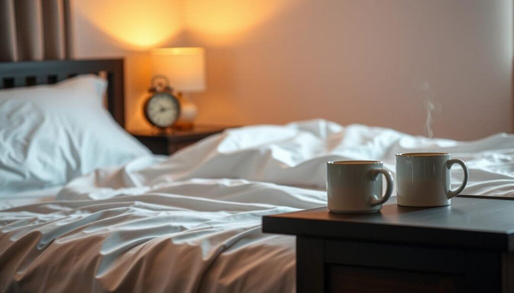 A serene bedroom setting, bathed in soft, warm lighting. A plush, inviting bed with crisp, white linens dominates the foreground, beckoning the viewer to rest. Calming pastel hues adorn the walls, evoking a sense of tranquility. On a nightstand, an analog clock ticks softly, its hands indicating a time of early evening. A faint wisp of steam rises from a mug of herbal tea, suggesting the simple pleasures of winding down. The overall atmosphere is one of peace and rejuvenation, reflecting the "Beneficios de conciliar el sueño rápidamente".
