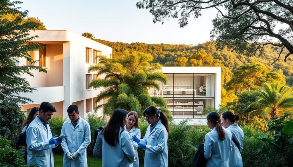 A serene campus nestled amidst lush foliage, the Universidad Sur Florida's forensic research facility stands as a beacon of scientific inquiry. The building's modern, minimalist architecture is bathed in warm, natural light, creating an atmosphere of contemplation and discovery. In the foreground, a group of students in white lab coats carefully examine evidence, their expressions focused and determined. In the middle ground, a state-of-the-art laboratory can be seen through large windows, where researchers delve into the intricacies of decomposition, uncovering clues to solve complex crimes. The background features a verdant landscape, hinting at the interconnectedness of nature and the pursuit of justice.