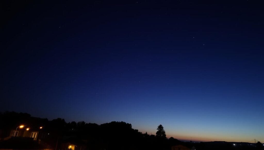 A serene cityscape at dusk, with a starry night sky overhead. In the foreground, streetlights and building facades are dimmed, their warm glow casting a gentle ambiance. In the middle ground, silhouettes of trees and rooftops stand in contrast, highlighting the reduced light pollution. In the background, the horizon is a rich indigo, punctuated by twinkling stars that shine more brightly, unobscured by artificial illumination. The scene conveys a sense of tranquility and wonder, inviting the viewer to appreciate the natural beauty of the night sky.