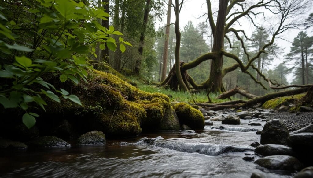 A serene forest scene on an overcast day, the air heavy with the earthy, petrichor scent of recent rainfall. In the foreground, lush foliage and moss-covered rocks emit a soft, verdant glow under diffused natural lighting. In the middle ground, a tranquil stream babbles over smooth stones, its surface reflecting the muted tones of the surrounding environment. In the background, towering trees stretch towards the muted, cloudy sky, their branches intertwining to create a natural canopy. The overall mood is one of contemplative calm, inviting the viewer to pause and breathe in the soothing aromas of the natural world. A serene forest scene on an overcast day, the air heavy with the earthy, petrichor scent of recent rainfall. In the foreground, lush foliage and moss-covered rocks emit a soft, verdant glow under diffused natural lighting. In the middle ground, a tranquil stream babbles over smooth stones, its surface reflecting the muted tones of the surrounding environment. In the background, towering trees stretch towards the muted, cloudy sky, their branches intertwining to create a natural canopy. The overall mood is one of contemplative calm, inviting the viewer to pause and breathe in the soothing aromas of the natural world.