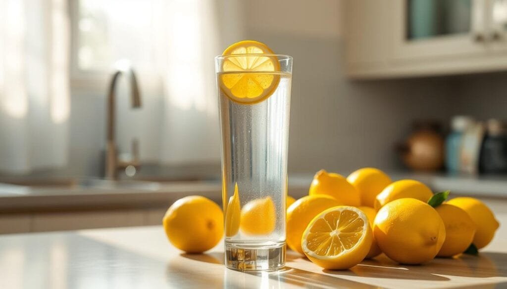 A serene kitchen counter against a soft, hazy backdrop. In the foreground, a tall glass filled with crystal-clear water, a slice of lemon gently floating atop. Sunlight streams in through a nearby window, casting a warm, golden glow over the scene. Surrounding the glass, an assortment of fresh lemons, their vibrant yellow hues contrasting with the muted tones of the counter. The arrangement evokes a sense of simplicity and natural, healthful living, hinting at the potential benefits and myths surrounding the consumption of this humble lemon-infused elixir.