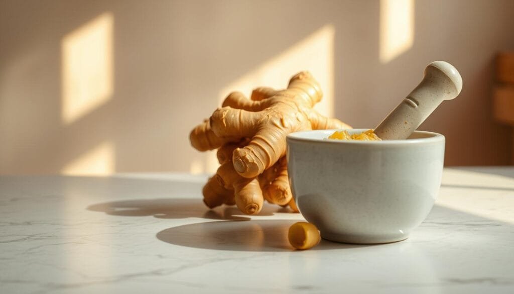 A serene kitchen countertop, with a vibrant ginger root prominently displayed against a soft, neutral background. The ginger is illuminated by warm, natural lighting, casting gentle shadows and highlighting its knotty, textured surface. In the foreground, a mortar and pestle grind the ginger into a fragrant paste, ready to be used for its nausea-relieving and pain-soothing properties. The scene conveys a sense of calm, wellness, and the power of natural remedies to provide relief and comfort. A serene kitchen countertop, with a vibrant ginger root prominently displayed against a soft, neutral background. The ginger is illuminated by warm, natural lighting, casting gentle shadows and highlighting its knotty, textured surface. In the foreground, a mortar and pestle grind the ginger into a fragrant paste, ready to be used for its nausea-relieving and pain-soothing properties. The scene conveys a sense of calm, wellness, and the power of natural remedies to provide relief and comfort.