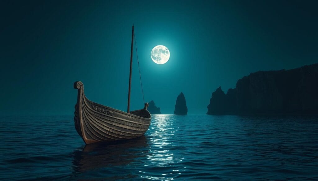 A serene, moonlit sea stretches out, reflecting the night sky. In the foreground, the weathered hull of an ancient Greek ship, its sails furled, rests upon the gently lapping waves. The vessel's ornate prow, carved with mythological figures, seems to tell the tales of its storied past. In the middle ground, the silhouettes of rocky cliffs rise up, casting dramatic shadows across the scene. The air is heavy with a sense of mystery and the weight of history, hinting at the legendary origins of this iconic ship from the myths of ancient Greece.