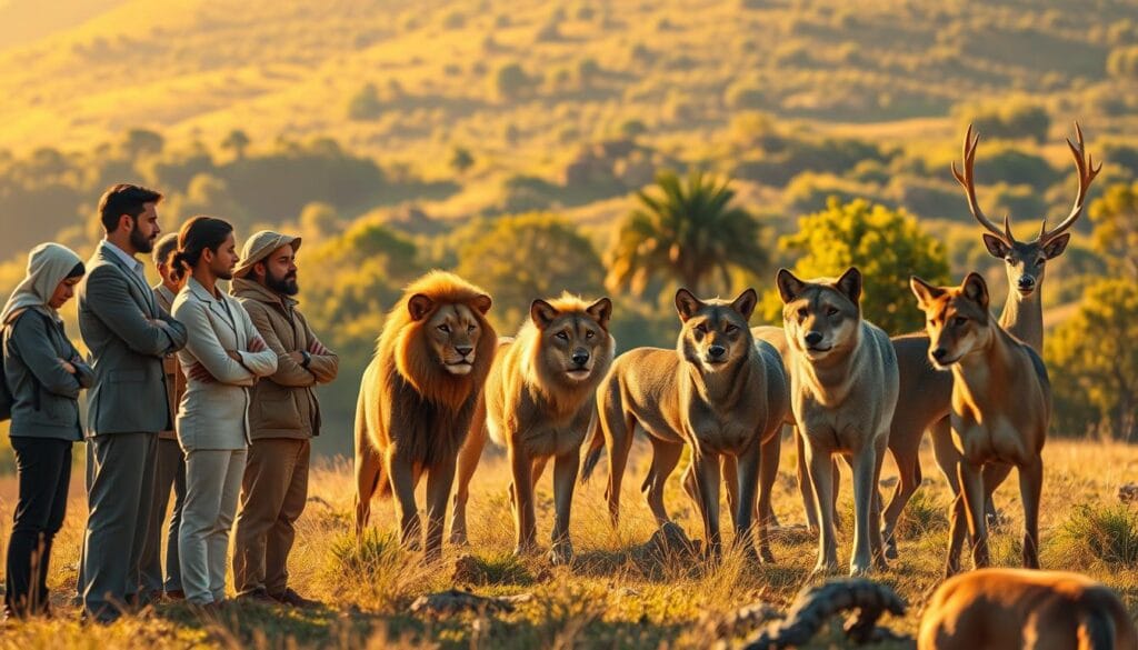 A serene outdoor scene showcasing the moral comparison between humans and animals. In the foreground, a group of diverse human figures stand tall, engrossed in intellectual discourse. In the middle ground, a pack of wild animals - lions, wolves, and deer - peacefully coexist, their gaze conveying a sense of instinctual, yet sophisticated, understanding of justice. The background depicts a lush, verdant landscape bathed in warm, golden sunlight, symbolizing the natural harmony between these two realms. The scene evokes a thoughtful, contemplative mood, inviting the viewer to ponder the nuances of moral status and the shared capacities of all sentient beings. A serene outdoor scene showcasing the moral comparison between humans and animals. In the foreground, a group of diverse human figures stand tall, engrossed in intellectual discourse. In the middle ground, a pack of wild animals - lions, wolves, and deer - peacefully coexist, their gaze conveying a sense of instinctual, yet sophisticated, understanding of justice. The background depicts a lush, verdant landscape bathed in warm, golden sunlight, symbolizing the natural harmony between these two realms. The scene evokes a thoughtful, contemplative mood, inviting the viewer to ponder the nuances of moral status and the shared capacities of all sentient beings.