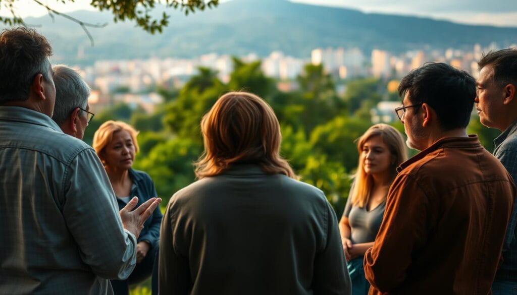 A serene outdoor scene, with a group of people gathered in a circle, sharing their personal experiences and accounts of the mysterious hum they can only hear. The foreground features their earnest expressions and gestures as they engage in thoughtful discussion, while the middle ground showcases a lush, verdant landscape, creating a calming and contemplative atmosphere. In the background, a softly blurred cityscape hints at the broader context, emphasizing the widespread impact and prevalence of this perplexing phenomenon. Warm, diffused lighting illuminates the scene, evoking a sense of intimacy and introspection. The overall composition conveys the weight and significance of these personal testimonies, capturing the essence of the "Testimonios y repercusiones en la población" section.
