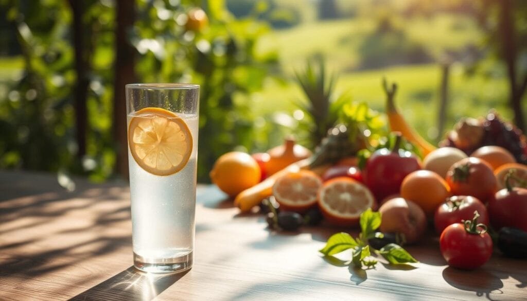 A serene, sun-dappled scene showcasing the harmonious relationship between hydration and the immune system. In the foreground, a glass of refreshing lemon water casts a soft glow, symbolizing the nourishing power of this simple yet effective elixir. In the middle ground, a vibrant array of fruits and vegetables - rich in essential vitamins and minerals - stands as a testament to the synergistic benefits of proper hydration and a balanced diet. In the background, a lush, verdant landscape evokes a sense of vitality and rejuvenation, underscoring the holistic approach to maintaining a robust immune system. Delicate lighting and a tranquil atmosphere invite the viewer to pause, reflect, and appreciate the fundamental role that hydration plays in supporting overall health and well-being.