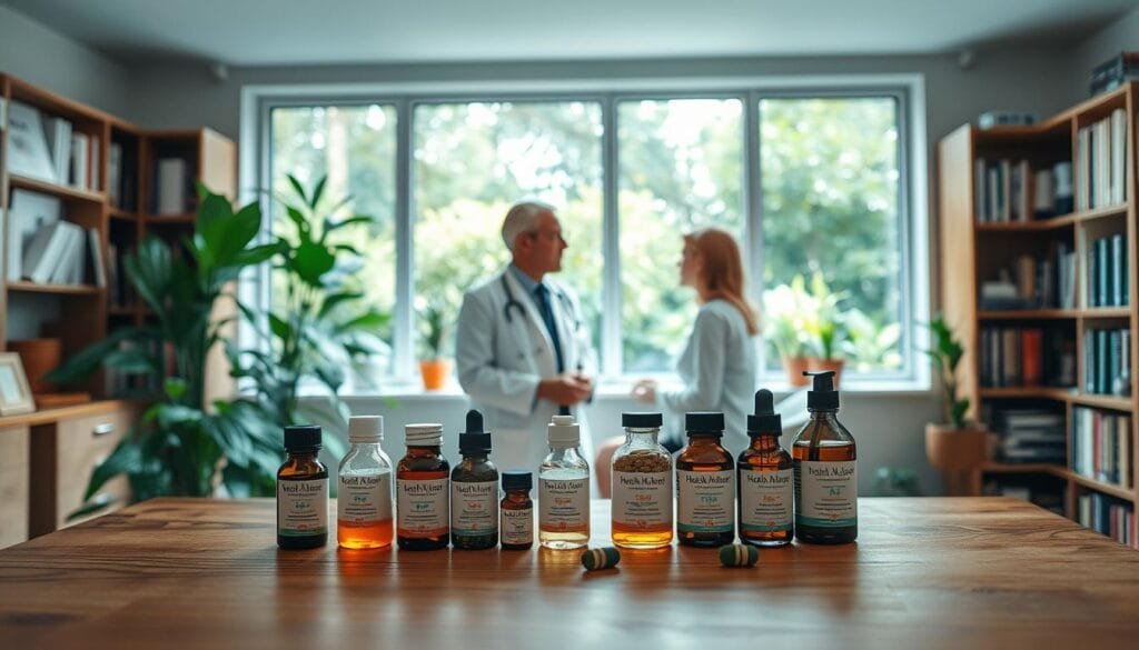 A serene, well-lit medical office setting, with a large window overlooking a lush, verdant garden. In the foreground, a wooden table displays an assortment of homeopathic remedies - small vials, tinctures, and herbal supplements. In the middle ground, a physician in a white coat consults with a patient, discussing the benefits and applications of these alternative treatments. The background features bookshelves filled with medical texts and references, conveying a sense of expertise and professionalism. The overall mood is one of tranquility, care, and a balanced approach to holistic healthcare.