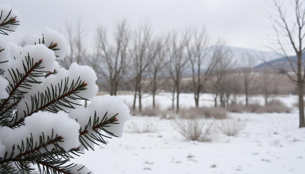 A serene winter landscape in Rancagua, Chile, showcasing the common allergens that plague the region during the colder months. In the foreground, a close-up view of fluffy, snow-covered pine branches, their needles gently dusted with pollen. The middle ground features a row of bare deciduous trees, their delicate branches reaching towards a hazy, overcast sky. In the distance, the silhouettes of Andean foothills rise, their peaks partially obscured by a mist of fine, airborne allergens. The overall tone is muted and atmospheric, capturing the challenges residents face in navigating the winter allergy season in Rancagua.