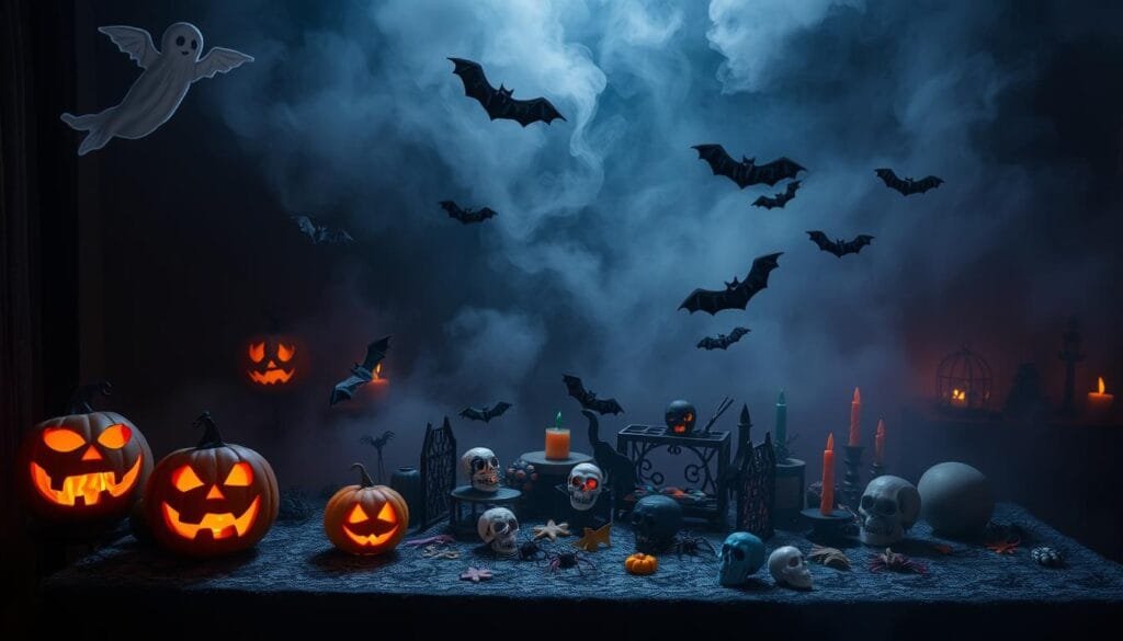 A spooky Halloween scene with DIY EVA foam crafts in the foreground. Delicately carved jack-o'-lanterns, ghastly ghosts, and eerie bats float in the dimly lit room. The middle ground features a table covered in a black lace cloth, adorned with an array of colorful EVA foam decorations - bats, spiders, skulls, and more. The background is shrouded in an ominous mist, creating an atmosphere of mystery and anticipation. Soft, dramatic lighting casts shadows that add depth and texture. The overall mood is one of haunting beauty, perfect for adding a touch of DIY Halloween magic.