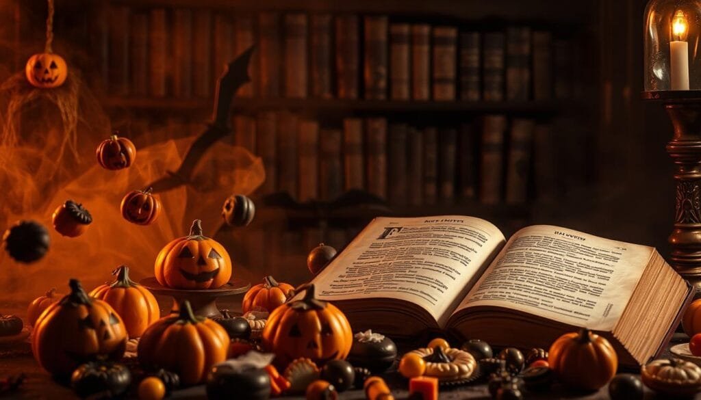 A spooky and atmospheric scene of the gastronomic history and tradition of Halloween. In the foreground, an array of eerie, Jack-o'-lantern-inspired baked goods and candies in autumnal hues float in a hazy, otherworldly light. In the middle ground, a large, antique tome lies open, its pages depicting ancient Halloween recipes and folklore. In the shadowy background, dimly lit shelves hold a collection of aged cookbooks and occult tomes. The scene is bathed in a warm, amber glow, creating a sense of mystery and the supernatural. The overall mood is one of culinary history, tradition, and the mystical origins of Halloween.