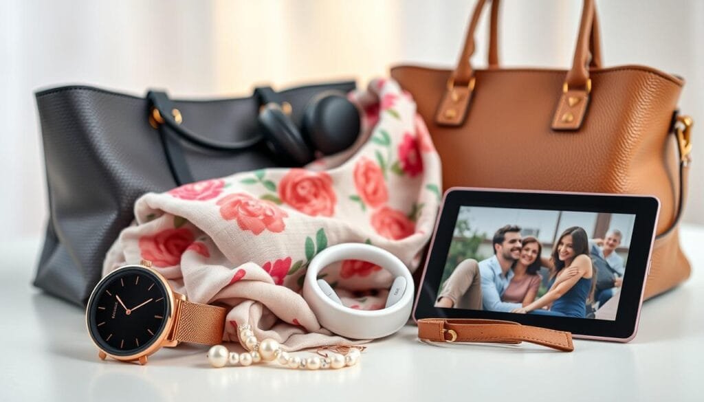 A stylish and modern composition depicting a variety of accessories, fashion items, and technology-related products arranged thoughtfully to delight a mother. The foreground showcases a sleek, rose gold smartwatch, a pair of elegant pearl earrings, and a chic leather handbag. The middle ground features a beautifully crafted scarf in a vibrant floral print, a set of wireless noise-cancelling headphones, and a tablet device displaying family photos. The background subtly hints at a soft, diffused lighting scheme, creating a warm, inviting ambiance. The overall mood is one of sophistication, practicality, and the celebration of a mother's diverse interests and passions.
