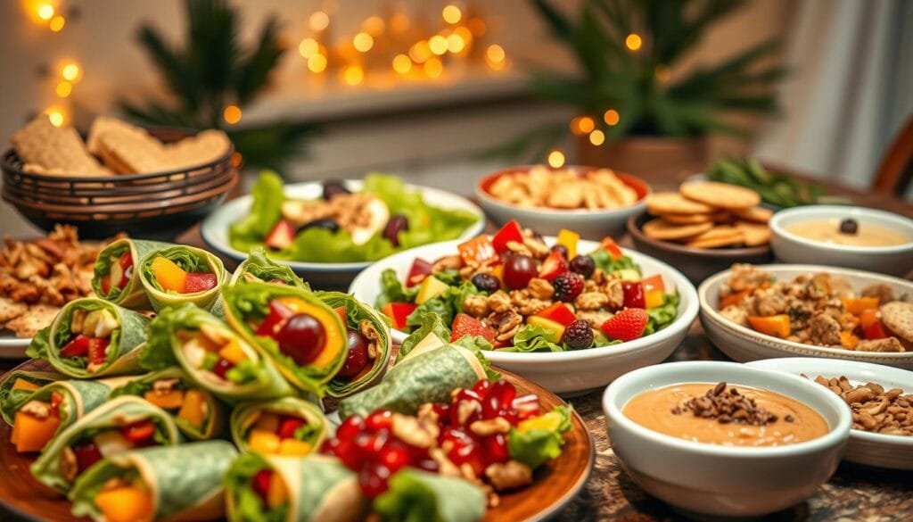 A sumptuous spread of healthy New Year's celebration dishes, artfully arranged on a festive table. In the foreground, a platter of colorful veggie wraps and colorful fruit skewers. The middle ground showcases a bountiful salad, garnished with pomegranate seeds and toasted nuts. In the background, a selection of whole-grain crackers, hummus, and roasted vegetable dip. Soft, warm lighting casts a cozy glow, evoking a joyous, intimate gathering. The overall atmosphere is one of nourishment, balance, and togetherness - a healthful and harmonious start to the new year.
