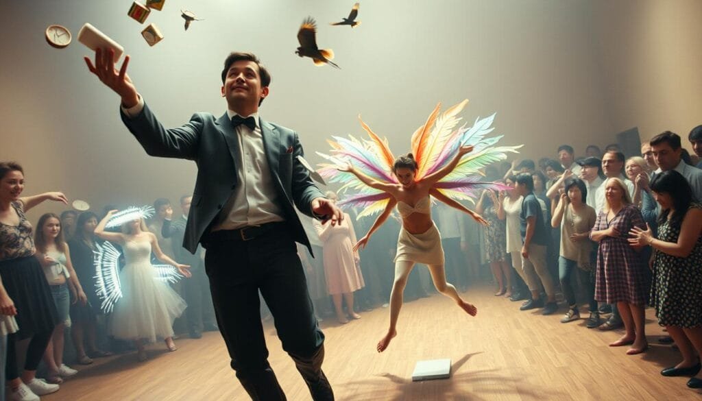 A surreal and whimsical scene depicting a variety of absurd and useless human abilities. In the foreground, a person levitates effortlessly while juggling household objects. In the middle ground, another individual sprouts wings made of colorful feathers, though they appear incapable of flight. In the background, a crowd of people exhibit a range of peculiar talents, such as growing extra limbs, emitting a soft glow, or bending the laws of physics. The lighting is soft and dreamlike, creating an atmosphere of the extraordinary and the bizarre. Captured with a wide-angle lens to convey a sense of boundless imagination and wonder.