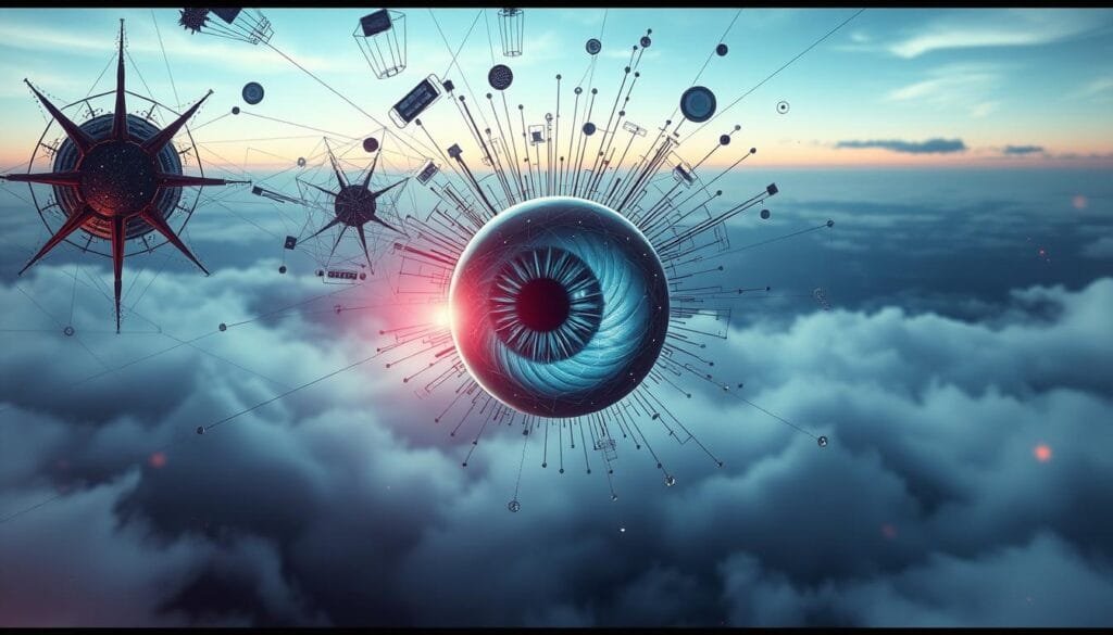A surreal scene depicting the complex process of visual processing. In the foreground, a disembodied human eye hovers, its iris swirling with abstract patterns and glowing with an otherworldly light. Surrounding it, a kaleidoscope of geometric shapes, lines, and color gradients swirl and cascade, representing the neural impulses and computational processes that underlie our visual perception. The middle ground is shrouded in a hazy, dreamlike atmosphere, with subtle hints of distortion and fragmentation, hinting at the fragility and potential instability of our visual experience. In the distant background, a vast, ethereal landscape unfolds, its horizon blurred and indistinct, evoking a sense of the unknown and the uncharted territories of the human mind.