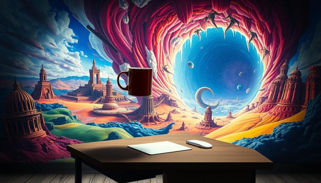 A surreal scene where the laws of physics bend and twist, blending the real and the absurd. In the foreground, an ordinary desk levitates, its contents defying gravity - a pen hovers mid-air, a coffee mug suspended in mid-sip. The middle ground features a backdrop of dreamlike landscapes, with impossible structures and distorted perspectives. Bright, vibrant colors swirl and clash, creating a sense of disorientation. In the background, a vortex of warped dimensions opens, sucking in the familiar and spitting out the illogical. Dramatic lighting casts long, dramatic shadows, heightening the sense of the uncanny. The overall mood is one of playful subversion, where the rules of the real world have been gleefully discarded.