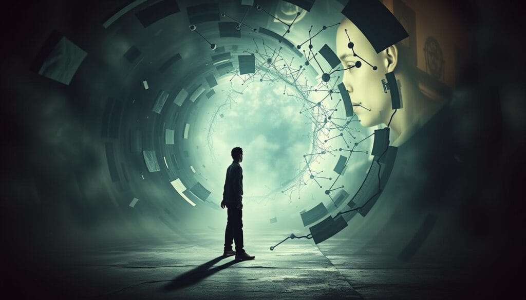 A surreal, unsettling scene of the neurological causes behind the phenomenon of jamais vu. In the foreground, a disoriented figure stands amid a swirling vortex of distorted, familiar shapes and textures - a living room, a street corner, a face - all rendered unrecognizable. In the middle ground, synaptic impulses crackle and distort, hinting at the neural chaos underlying the experience. The background is a hazy, dreamlike landscape of fractured, shifting realities, conveying the sense of being unmoored from the stable world. Dramatic, low-angle lighting casts dramatic shadows, heightening the sense of unease. Cinematic in scope, the image evokes the profound unsettling of one's perceptions that defines the neurological causes of jamais vu.