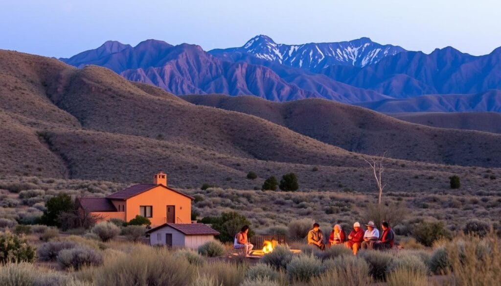 A tranquil Taos landscape at dusk, bathed in a warm, amber glow. In the foreground, a lone adobe house sits nestled amidst towering, sage-covered hills. The middle ground features a small group of people gathered around a campfire, listening intently as an elder recounts the history and mysteries of the Taos Hum - a perplexing, low-frequency sound that has puzzled and captivated the local community for decades. In the distance, the majestic Sangre de Cristo mountains loom, their rugged peaks silhouetted against the dusky sky. The scene exudes a sense of timelessness and cultural significance, inviting the viewer to imagine the stories and legends that have unfolded in this enchanting, mystical place.