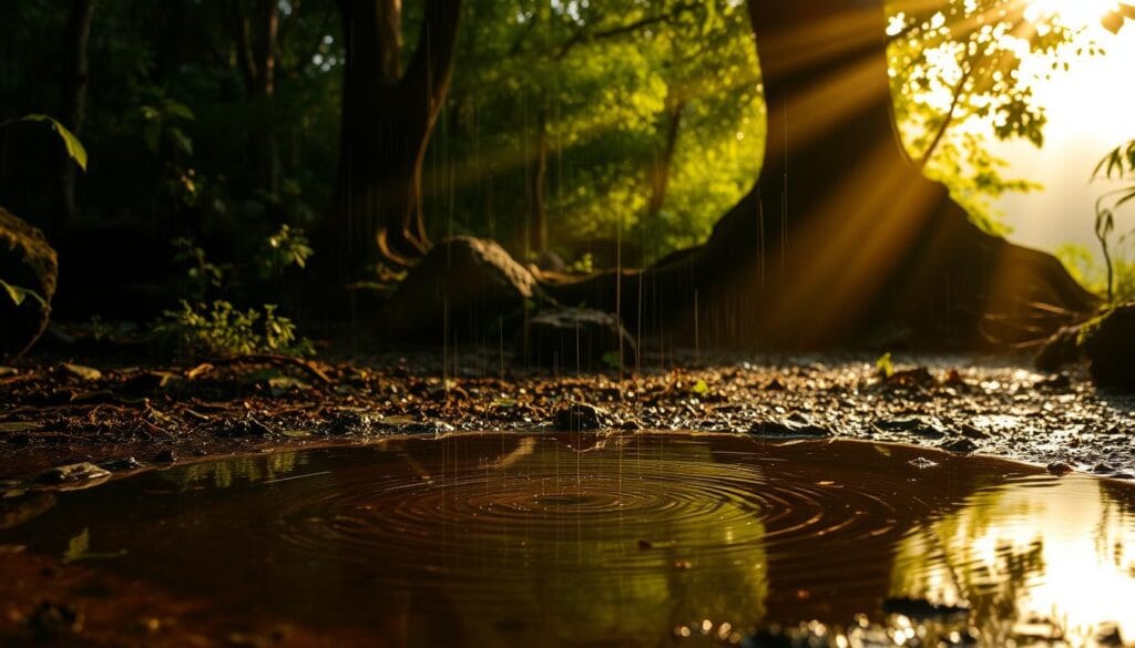 A tranquil, dimly lit forest scene, with rays of warm, golden sunlight filtering through the lush, verdant canopy. In the foreground, a shallow puddle reflects the surrounding foliage, its surface rippling gently as a light drizzle creates a mesmerizing "proceso olor lluvia" - the earthy, petrichor-infused scent of rain on parched soil. The middle ground is characterized by a sense of humid, earthy mystery, with moss-covered rocks and gnarled tree roots. In the background, a mist-shrouded horizon adds to the serene, atmospheric ambiance. The overall tone is one of contemplative, sensorial immersion, inviting the viewer to pause and savor the captivating essence of this natural phenomenon. A tranquil, dimly lit forest scene, with rays of warm, golden sunlight filtering through the lush, verdant canopy. In the foreground, a shallow puddle reflects the surrounding foliage, its surface rippling gently as a light drizzle creates a mesmerizing "proceso olor lluvia" - the earthy, petrichor-infused scent of rain on parched soil. The middle ground is characterized by a sense of humid, earthy mystery, with moss-covered rocks and gnarled tree roots. In the background, a mist-shrouded horizon adds to the serene, atmospheric ambiance. The overall tone is one of contemplative, sensorial immersion, inviting the viewer to pause and savor the captivating essence of this natural phenomenon.