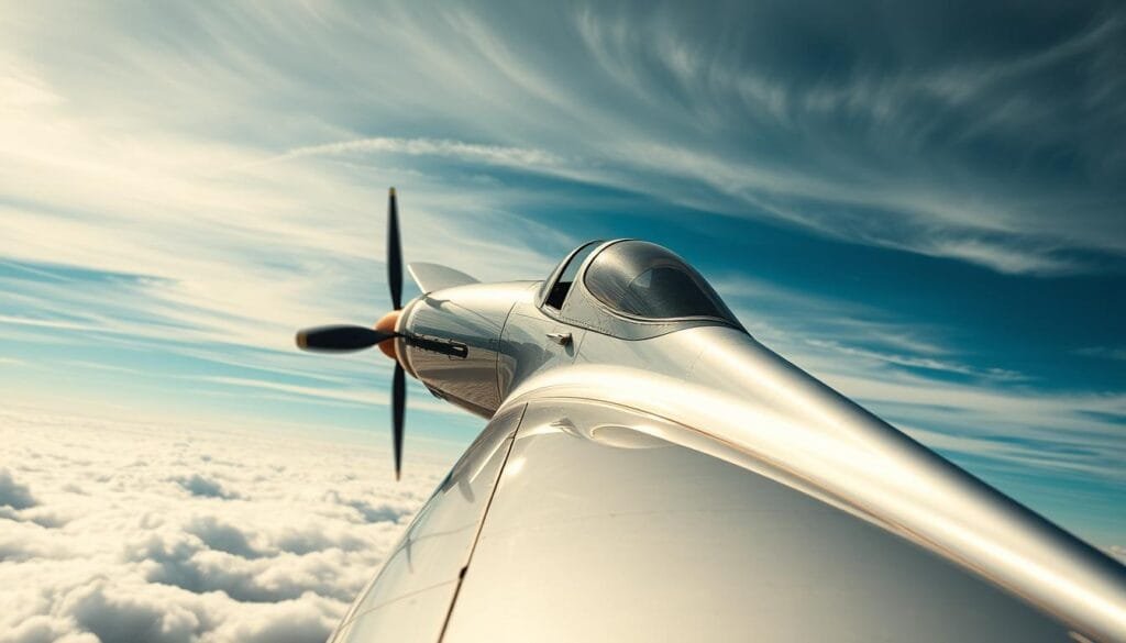 A tranquil, dream-like scene of a historic aircraft soaring effortlessly through the clouds. In the foreground, the sleek, silver fuselage of a vintage propeller plane glides gracefully, its wings outstretched like the gentle embrace of a bird. The cockpit canopy reflects the shifting hues of the sky, a mosaic of blues and whites. In the middle ground, wispy cirrus clouds drift lazily, casting soft shadows on the plane's surface. The background fades into a serene, ethereal landscape, where the horizon blends seamlessly with the boundless azure expanse. The image conveys a sense of timeless wonder, as if the plane has transcended the constraints of earthly gravity, embodying the very essence of the "airplane mode" concept.