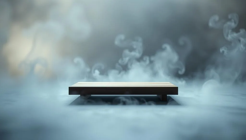 A tranquil, minimalist meditation space with a serene, natural atmosphere. A wooden platform or mat floats in a mist-shrouded, ethereal environment, illuminated by soft, diffused lighting. Wisps of smoke curl gently, creating a contemplative, otherworldly ambiance. The background is blurred, emphasizing the focal point - the meditative space. The composition is balanced, with clean lines and a sense of harmony. The overall tone is one of introspection, calm, and inner focus, capturing the essence of a 5-minute daily meditation practice. A tranquil, minimalist meditation space with a serene, natural atmosphere. A wooden platform or mat floats in a mist-shrouded, ethereal environment, illuminated by soft, diffused lighting. Wisps of smoke curl gently, creating a contemplative, otherworldly ambiance. The background is blurred, emphasizing the focal point - the meditative space. The composition is balanced, with clean lines and a sense of harmony. The overall tone is one of introspection, calm, and inner focus, capturing the essence of a 5-minute daily meditation practice.