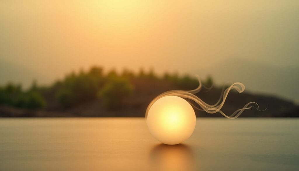 A tranquil, minimalist scene depicting the natural detoxification process. In the foreground, a glowing orb of light representing the body's purification, surrounded by wispy, ethereal tendrils symbolizing the elimination of toxins. The middle ground features a serene, earthy landscape with lush, verdant foliage, suggesting a rejuvenating, restorative environment. The background is bathed in a warm, diffused glow, creating a calming, meditative atmosphere. Subtle, muted tones and a soft, hazy focus lend an organic, holistic feel to the image. Lit from above with a natural, diffused lighting that casts gentle shadows, conveying a sense of balance and harmony.