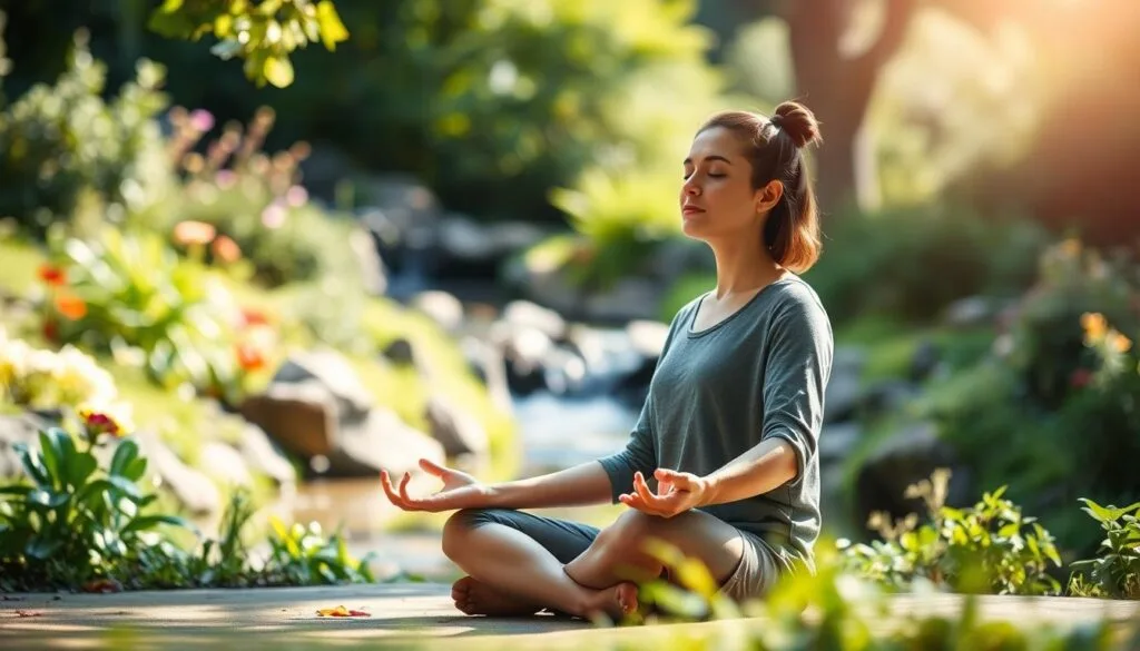 A tranquil scene of a person meditating in a serene garden. The foreground features a person sitting cross-legged, eyes closed, hands in a mudra, their face and posture radiating a sense of deep focus and inner peace. The middle ground showcases a lush, verdant landscape with flourishing plants, flowers, and a babbling brook. The background is gently blurred, evoking a calming, out-of-focus atmosphere. Soft, diffused natural lighting filters through the scene, creating a warm, soothing ambiance. The overall mood is one of profound relaxation, stress reduction, and mental clarity, perfectly encapsulating the benefits of daily meditation. A tranquil scene of a person meditating in a serene garden. The foreground features a person sitting cross-legged, eyes closed, hands in a mudra, their face and posture radiating a sense of deep focus and inner peace. The middle ground showcases a lush, verdant landscape with flourishing plants, flowers, and a babbling brook. The background is gently blurred, evoking a calming, out-of-focus atmosphere. Soft, diffused natural lighting filters through the scene, creating a warm, soothing ambiance. The overall mood is one of profound relaxation, stress reduction, and mental clarity, perfectly encapsulating the benefits of daily meditation.
