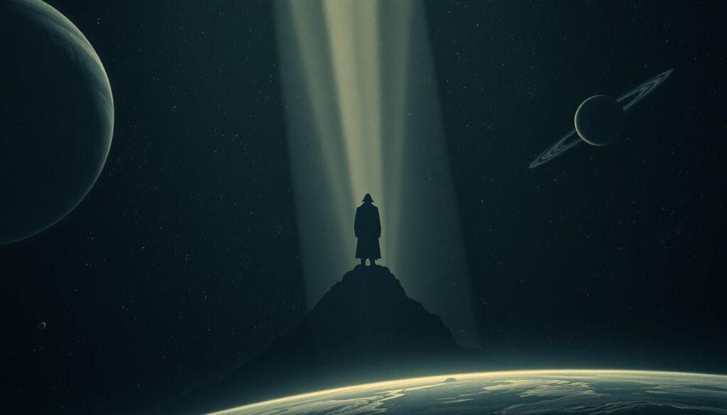 A vast, interstellar expanse fills the frame, planets and celestial bodies scattered across the night sky. In the center, a towering, enigmatic figure representing the Fermi paradox looms, its silhouette casting a thought-provoking shadow. Beams of light, like cosmic questions, radiate outward, hinting at the mysteries of extraterrestrial life. The atmosphere is somber, inviting contemplation on the unsettling implications of this cosmic conundrum. Dramatic chiaroscuro lighting accentuates the dramatic tension, while a moody, muted color palette evokes a sense of unease and the unknown. The overall composition is balanced, drawing the viewer's eye to the central focal point and evoking a sense of the grand scale and profound significance of the Fermi paradox. A vast, interstellar expanse fills the frame, planets and celestial bodies scattered across the night sky. In the center, a towering, enigmatic figure representing the Fermi paradox looms, its silhouette casting a thought-provoking shadow. Beams of light, like cosmic questions, radiate outward, hinting at the mysteries of extraterrestrial life. The atmosphere is somber, inviting contemplation on the unsettling implications of this cosmic conundrum. Dramatic chiaroscuro lighting accentuates the dramatic tension, while a moody, muted color palette evokes a sense of unease and the unknown. The overall composition is balanced, drawing the viewer's eye to the central focal point and evoking a sense of the grand scale and profound significance of the Fermi paradox.