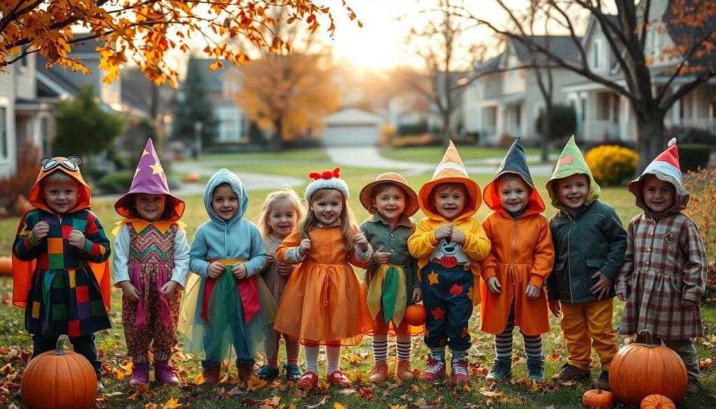 A vibrant Halloween scene showcasing the benefits of recycled costumes. In the foreground, a group of costumed children excitedly display their homemade outfits made from repurposed materials - colorful paper, cardboard, and textiles. Their joyful expressions convey the fun and creativity of DIY dressing up. In the middle ground, a festive autumn landscape unfolds, with a warm glow casting a cozy atmosphere. Scattered leaves and pumpkins add seasonal accents. The background depicts a serene suburban neighborhood, hinting at the accessibility and inclusivity of this eco-friendly approach to Halloween attire. Crisp lighting and a slightly hazy depth-of-field enhance the tranquil, welcoming mood.
