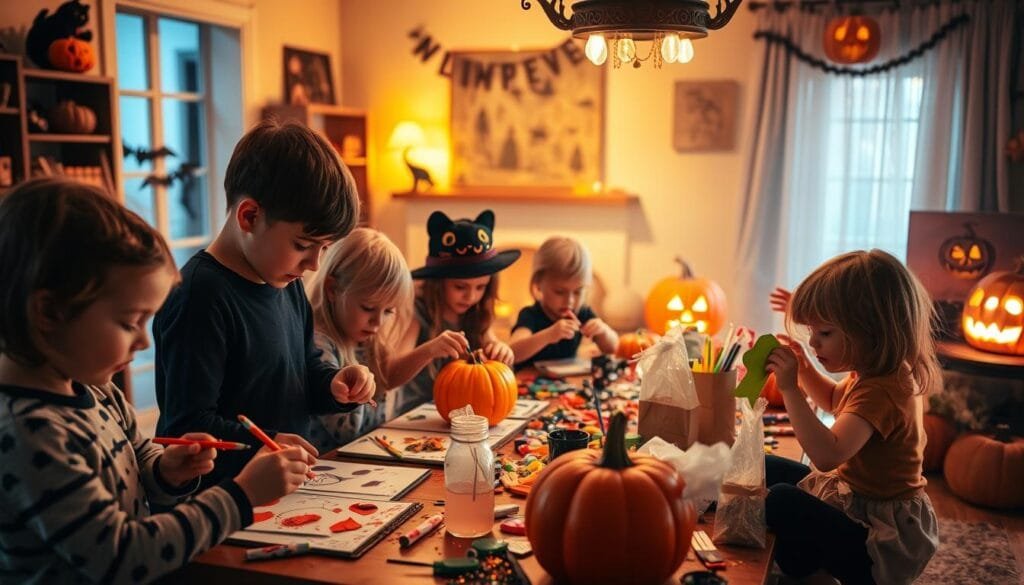 A vibrant Halloween-themed scene featuring a group of energetic children engaged in a variety of creative activities. In the foreground, kids can be seen painting pumpkins, making spooky paper crafts, and decorating trick-or-treat bags. In the middle ground, a table overflows with art supplies, glitter, and spooky decorations. The background showcases a cozy, well-lit living room setting with festive Halloween decor, including a carved jack-o'-lantern and a black cat. The scene is bathed in warm, inviting lighting that casts a magical glow, capturing the spirit of a fun-filled Halloween celebration for families.
