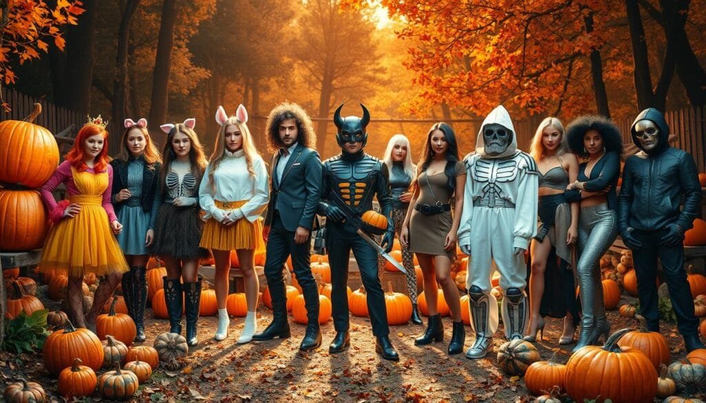 A vibrant, autumnal scene depicting the latest Halloween costume trends for 2024. In the foreground, a diverse group of stylish figures showcase an array of creative and eye-catching ensembles, from whimsical character costumes to sleek, minimalist designs. In the middle ground, a backdrop of pumpkins, gourds, and other seasonal decor sets the mood, with a hint of a spooky forest in the distance. The lighting is warm and inviting, casting a soft, golden glow that highlights the intricate details of the costumes. The composition is balanced and dynamic, drawing the viewer's eye through the various layers of the scene. The overall atmosphere is one of festive inspiration, capturing the spirit of the upcoming Halloween season.