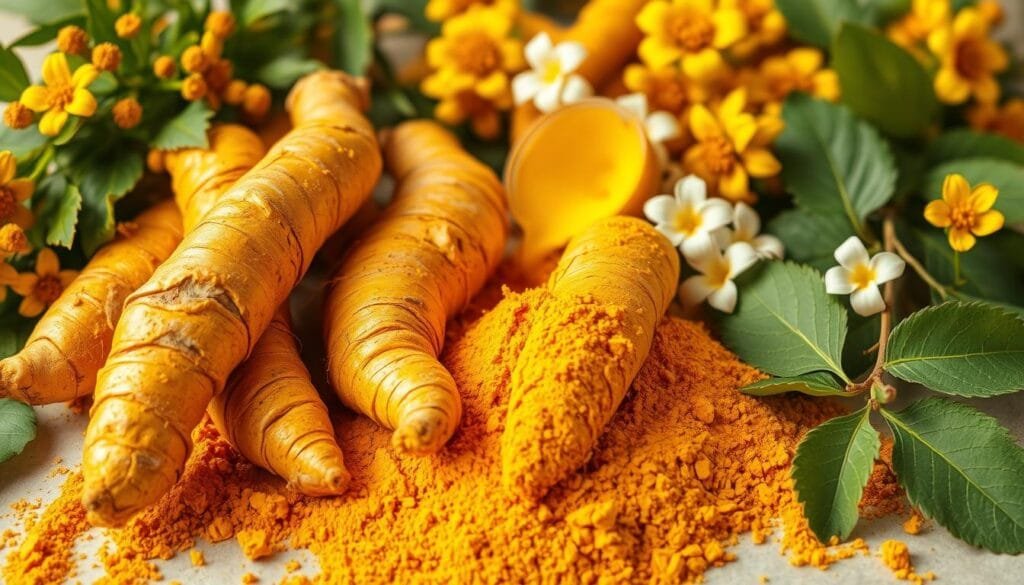 A vibrant, close-up composition showcasing the healthy properties of turmeric. In the foreground, several whole turmeric rhizomes are arranged, their golden-orange hues shimmering under warm, directional lighting. Surrounding the turmeric are an assortment of fresh, verdant turmeric leaves and delicate flowers. In the middle ground, a scattering of ground turmeric powder creates a textured, earthy backdrop. The overall scene conveys the potent, anti-inflammatory benefits of this prized spice, captured in a clean, studio-style setting that highlights its natural beauty and healthful qualities.