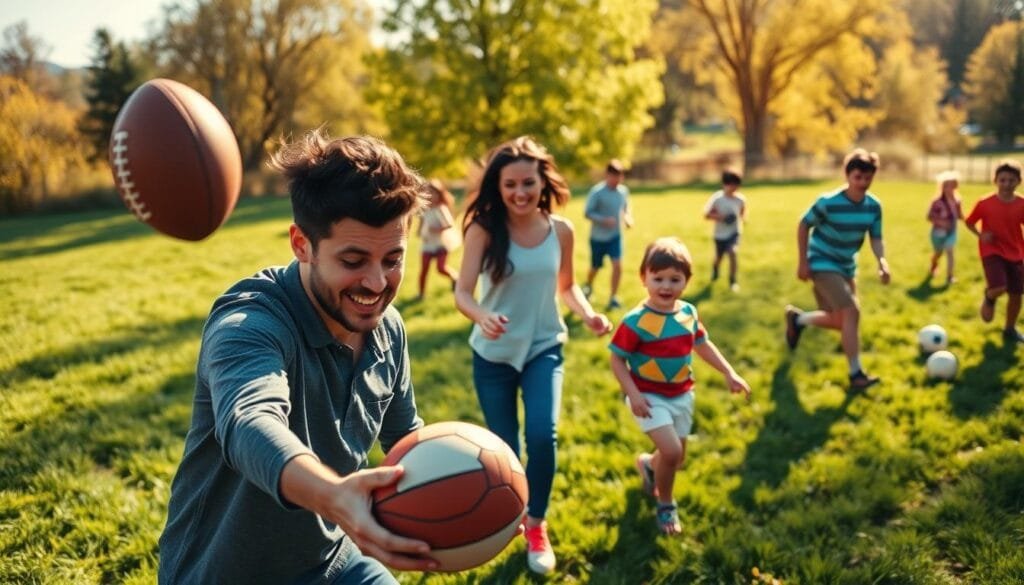 A vibrant family scene of a father and children engaged in various athletic activities on a sun-dappled, lush green field. In the foreground, a father and son tossing a football, their faces lit by warm afternoon light. In the middle ground, a daughter and mother playing a game of catch with a colorful, oversized ball. In the background, a diverse group of families participating in a variety of sports - kicking a soccer ball, running a three-legged race, playing badminton. The atmosphere is one of joyful togetherness, laughter, and active celebration of the father figure. The image conveys a sense of energetic, playful bonding between loved ones.