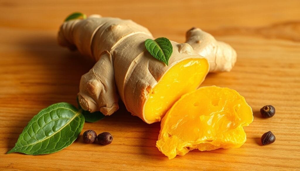 A vibrant ginger root, its golden-orange flesh glistening under warm, natural lighting. The root is situated on a wooden surface, complemented by fresh ginger leaves and a few whole peppercorns. The composition evokes a sense of herbal wellness, with a focus on the anti-inflammatory properties of this versatile spice. A crisp, clean background allows the subject to take center stage, emphasizing the medicinal qualities of ginger and its potential to alleviate various health concerns. A vibrant ginger root, its golden-orange flesh glistening under warm, natural lighting. The root is situated on a wooden surface, complemented by fresh ginger leaves and a few whole peppercorns. The composition evokes a sense of herbal wellness, with a focus on the anti-inflammatory properties of this versatile spice. A crisp, clean background allows the subject to take center stage, emphasizing the medicinal qualities of ginger and its potential to alleviate various health concerns.