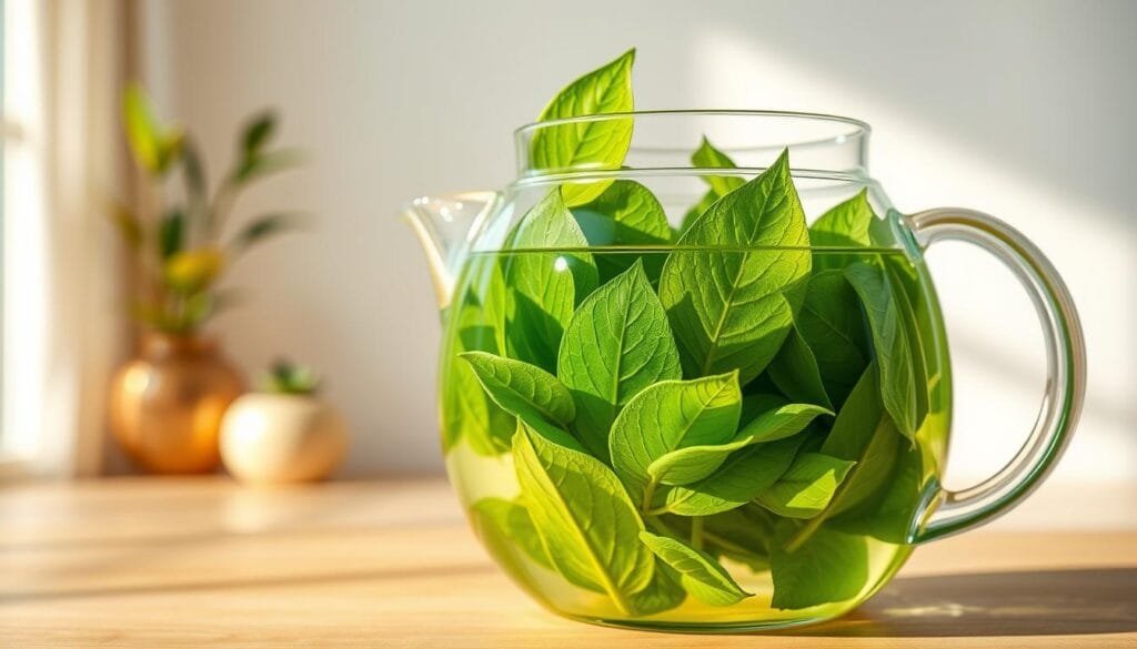 A vibrant, hyper-realistic illustration of fresh green tea leaves, gently steeping in a transparent glass teapot. The leaves are illuminated by warm, natural lighting, showcasing their intricate textures and rich, verdant hues. In the background, a minimalist, serene setting with clean lines and a neutral color palette, creating a calming, wellness-focused atmosphere. The composition emphasizes the antioxidant-rich properties of the green tea, inviting the viewer to appreciate its healthful benefits. Captured with a shallow depth of field, drawing the eye to the captivating details of the tea leaves.