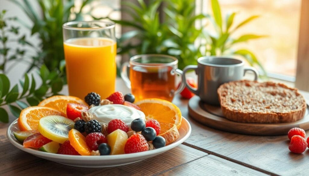 A vibrant still life depicting a selection of healthy breakfast options arranged on a rustic wooden table, bathed in warm, natural lighting. In the foreground, a plate showcases a colorful assortment of fresh fruits, such as sliced oranges, kiwi, and berries, complemented by a bowl of creamy yogurt and a sprinkling of chopped nuts. In the middle ground, a glass of freshly squeezed orange juice and a steaming mug of herbal tea sit alongside a freshly baked whole-grain toast, lightly drizzled with honey. The background features lush, green plants, adding a refreshing, earthy touch to the scene, conveying a sense of balance, nourishment, and a wholesome start to the day.