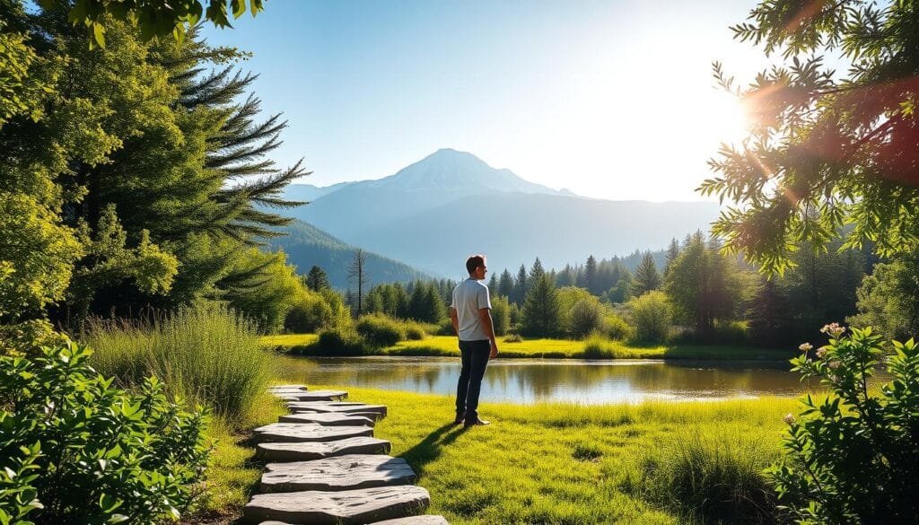 A vibrant, sun-drenched scene depicting the benefits of setting realistic goals. In the foreground, a person standing amidst lush greenery, gazing thoughtfully at a series of stepping stones leading towards a distant horizon. The middle ground features a tranquil pond, its surface reflecting the soft light and surrounding foliage. In the background, a majestic mountain range capped with snow, symbolizing the achievable yet challenging nature of realistic goals. The overall atmosphere is one of calm, clarity, and a sense of progress, inviting the viewer to embark on their own journey towards meaningful, attainable objectives.