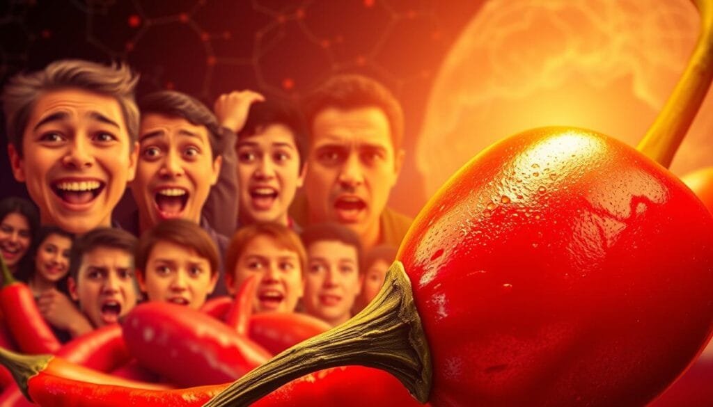 A vibrant, visually striking illustration depicting the psychological and cultural factors behind our fascination with spicy food. In the foreground, a close-up of a fiery red chili pepper, its textured surface glistening under warm, diffused lighting. In the middle ground, a collage of emotive facial expressions, from joyful to pained, capturing the thrill and discomfort of consuming spicy dishes. The background features a subtle, abstract pattern of neural pathways and synapses, hinting at the complex neurological processes involved in our perception of heat and pain. The overall composition conveys a sense of intrigue, wonder, and the deep-rooted psychological and cultural drivers that make spicy food so alluring.