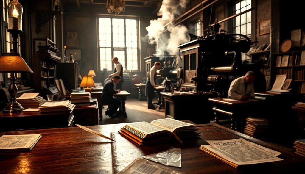 A vintage newspaper office in 19th century Boston, dimly lit by gas lamps and early morning sunlight streaming through tall windows. An ornate oak desk in the foreground, cluttered with stacks of papers, a quill pen, and a worn leather-bound ledger. In the middle ground, a group of journalists in waistcoats and shirtsleeves, hunched over their desks, furiously scribbling stories. In the background, a massive printing press chugs away, belching clouds of steam. The air is thick with the scent of ink and the sense of history in the making. The mood is one of quiet, purposeful activity - the birth of the American free press.