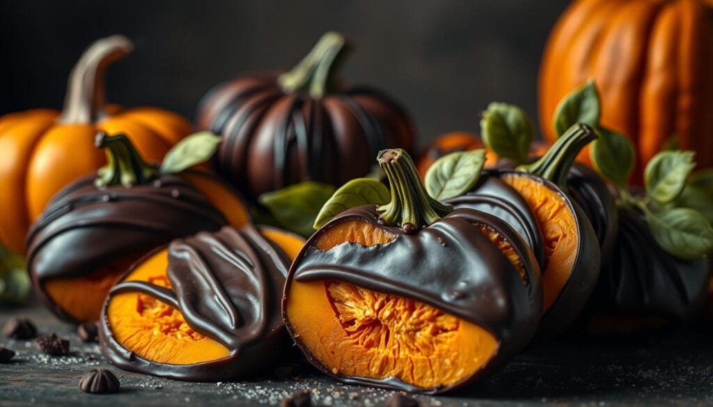 A visually striking still life composition featuring artfully arranged chocolate-dipped pumpkin slices. The glossy, deep brown chocolate contrasts beautifully with the vibrant orange and green hues of the pumpkin flesh and leaves. The lighting is soft and diffused, creating a warm, autumnal atmosphere. The camera angle is slightly elevated, allowing the viewer to appreciate the harmonious, carefully balanced arrangement of the elements. The overall mood is one of cozy, inviting indulgence, well-suited to capture the essence of this "Innovative Combinations" section on Halloween-themed sweets and snacks.