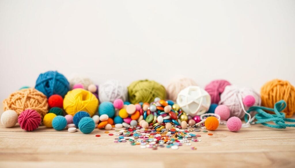 A well-lit studio shot of an assortment of accessible craft materials arranged on a simple wooden table. The foreground features an array of colorful yarn skeins, pom-poms, and buttons in various shapes and sizes. The middle ground showcases a scatter of sequins, beads, and small decorative embellishments in metallic and iridescent finishes. The background depicts a simple white wall, allowing the crafting supplies to take center stage. The lighting is soft and diffused, creating a warm, inviting atmosphere perfect for DIY holiday gifts with creative details.