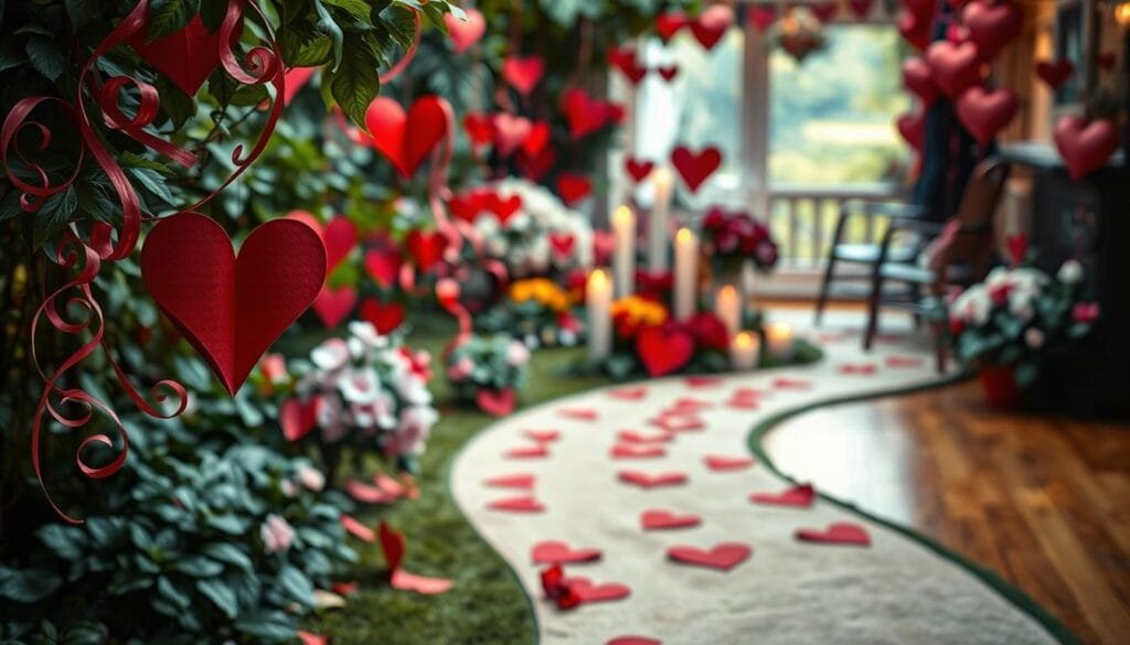 A winding path of red heart-shaped decorations meanders through a serene garden setting. Lush foliage and soft lighting create a romantic, intimate atmosphere. In the foreground, intricate paper hearts or fabric swirls cascade gracefully, their delicate forms casting gentle shadows. The middle ground features clusters of larger, sculptural hearts positioned amongst flowering plants and candles, inviting the viewer to follow the path. The background suggests a cozy, domestic setting with warm hardwood floors and a glimpse of a window overlooking a tranquil outdoor scene. The overall composition evokes a sense of warmth, intimacy, and thoughtful, handcrafted decoration suitable for a Valentine's Day celebration at home.