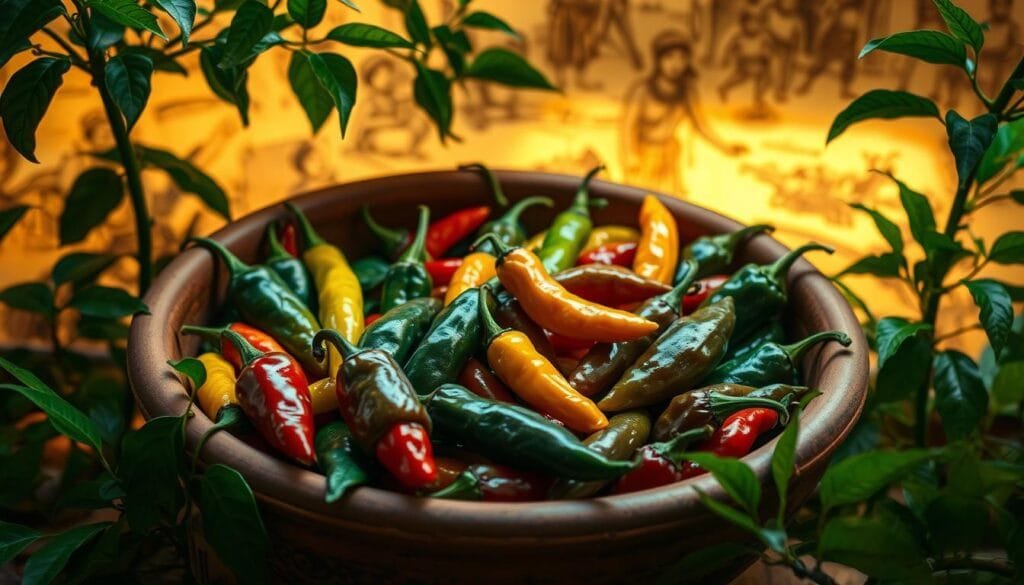 An ancient earthenware bowl filled with vibrant, glistening chili peppers of various shapes and colors, surrounded by lush green leaves and vines. The peppers are illuminated by warm, diffused lighting, casting intricate shadows and highlights that accentuate their unique textures and forms. In the background, a faded, sepia-toned mural depicts scenes of indigenous people cultivating and celebrating the chili pepper, capturing its deep cultural significance. The overall composition conveys a sense of reverence and timelessness, reflecting the rich history and origins of this iconic ingredient.