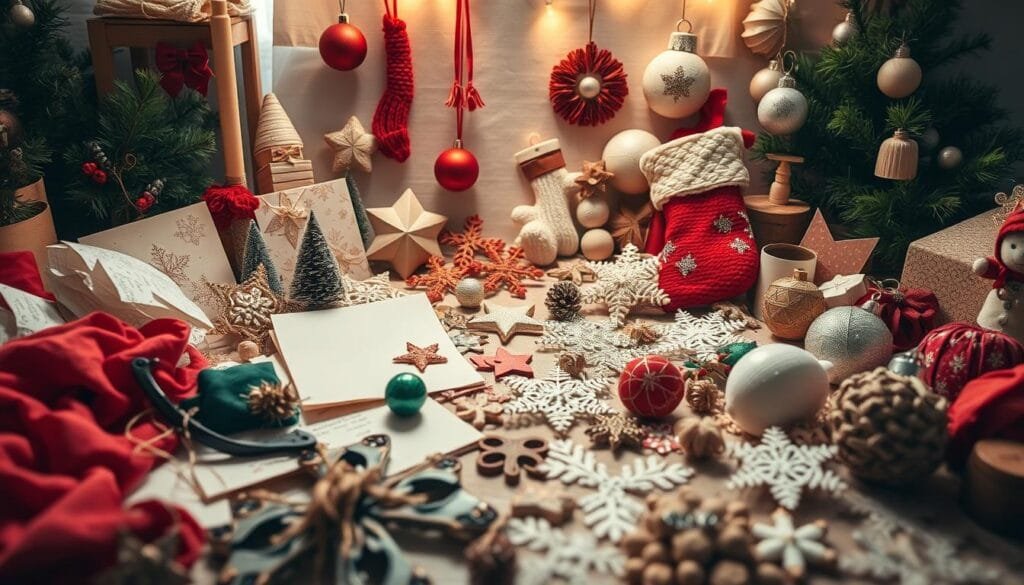 An intricate arrangement of handmade Christmas ornaments, decorations, and festive crafting supplies, captured in a cozy, well-lit studio setting. Soft, warm lighting illuminates the scene, highlighting the textures and materials - vibrant fabrics, delicate paper, natural wood, and shimmering metallic accents. The foreground features an assortment of partially completed DIY projects, tools, and inspirational sketches, while the middle ground showcases a variety of finished holiday crafts, from handknit stockings to delicate paper snowflakes. The background subtly suggests a serene, winter-themed backdrop, with a hint of seasonal greenery and a touch of twinkling lights, creating an inviting, creative atmosphere.