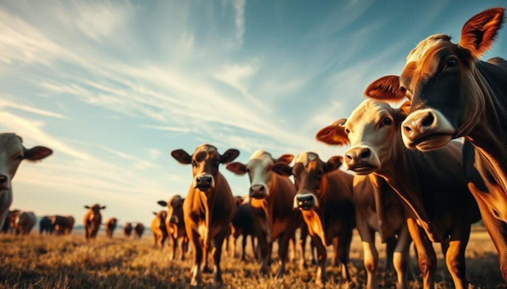 Cattle behavior in the face of climate change: A herd of cows standing in a pastoral field, their ears perked, gazing intently at the horizon as light, wispy clouds drift overhead. The cows' posture and expressions suggest a sense of unease, as if they can detect subtle shifts in the weather patterns. The scene is bathed in warm, golden light, creating a sense of tranquility and contemplation. The camera angle is slightly elevated, allowing the viewer to observe the herd's collective behavior. The foreground is crisp and detailed, while the background softly blurs into a dreamlike landscape, emphasizing the focus on the animals' attentive responses to their changing environment.
