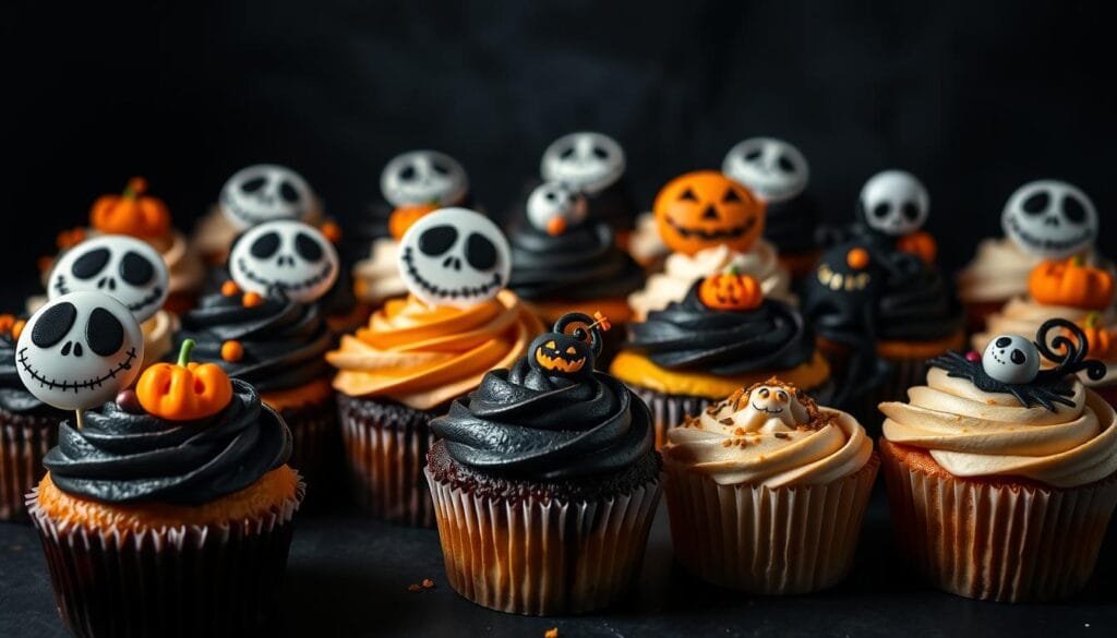 Detailed Halloween-themed cupcakes with Jack Skellington-inspired decorations. An array of delicately frosted cupcakes in shades of black, white, and orange. Intricate designs of Jack Skellington's iconic face, spooky jack-o'-lanterns, and other spooky motifs adorn the cupcake tops. The cupcakes are arranged on a dark, moody background, with dramatic lighting casting dramatic shadows to create an eerie, haunting atmosphere. The cupcakes are the focal point, capturing the playful yet ominous spirit of Halloween sweets.