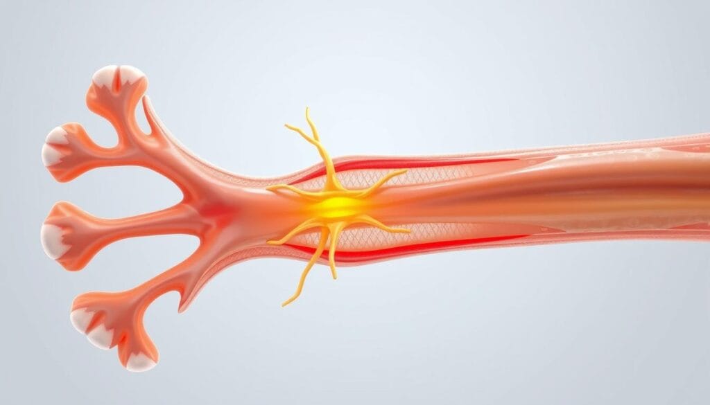 Detailed anatomical illustration of the optic nerve structure, showcasing its intricate composition and organization. Precise cross-sectional view highlighting the optic nerve fibers, protective myelin sheath, and supportive connective tissue. Crisp, high-resolution rendering with a neutral, scientific color palette and subtle ambient lighting to emphasize the nerves' delicate yet essential function. Captured from an orthogonal angle to provide a clear, unobstructed view of the optic nerve's internal architecture, suitable for an educational medical illustration.
