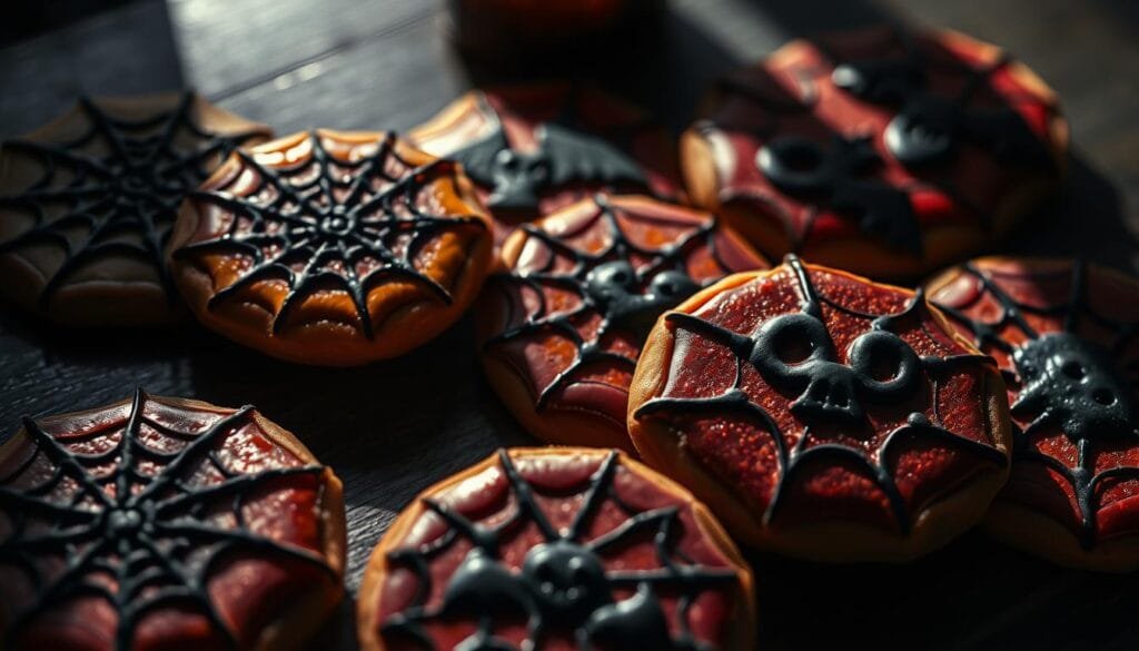 Detailed and eerie close-up image of freshly baked and decorated Halloween-themed cookies on a dark wooden surface. The cookies have intricate designs and patterns in shades of black, orange, and deep red, with spooky elements like spider webs, bats, and haunting faces. Dramatic low-key lighting casts long shadows, creating an ominous, unsettling atmosphere. The cookies appear to be freshly iced, with a shiny, glossy finish. The composition is tightly framed, focusing on the textural details of the cookies and their macabre decorations.