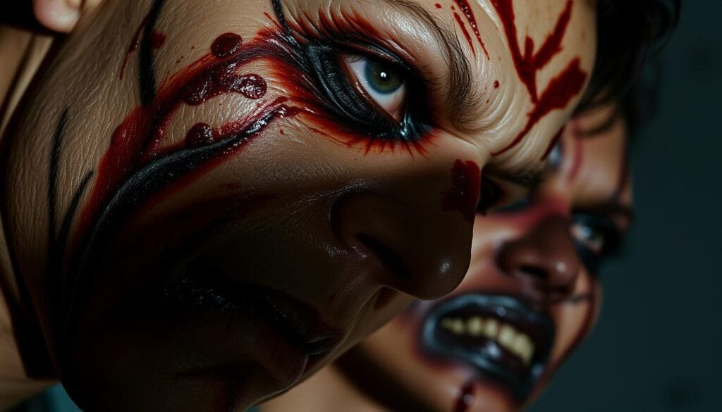 Detailed close-up of intricate Halloween makeup effects, featuring realistic gashes, bruises, and other ghoulish features. The skin appears to have a lifelike texture, with subtle shadowing and highlighting to create depth and dimension. The lighting is dramatic, casting dramatic shadows that heighten the eerie, unsettling mood. The camera angle is low, emphasizing the intensity and realism of the makeup. The overall aesthetic is a balance of horror and artistry, capturing the essence of Halloween makeup for beginners.