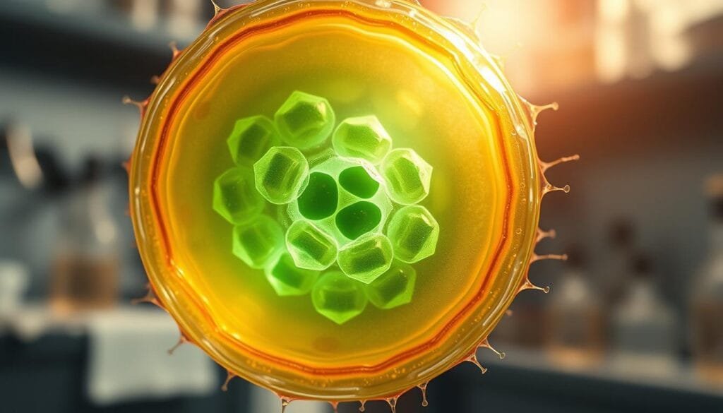 Detailed illustration of chloroplasts in animal cells, showcasing the scientific exploration of human photosynthesis. A close-up view of a single animal cell, its membrane partially transparent, revealing the internal organelles. At the center, chloroplast-like structures are visible, their intricate thylakoid membranes and stroma illuminated by a soft, natural light. The background is a blurred, out-of-focus laboratory setting, hinting at the experimental nature of the research. The image conveys a sense of wonder and scientific curiosity, inviting the viewer to imagine the possibilities of human photosynthesis.